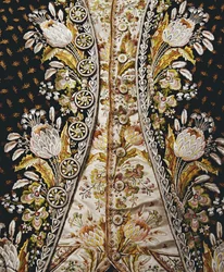 Detalj av en herres heldress, bestående av frakk, vest og knebukser, 1780-90-tallet