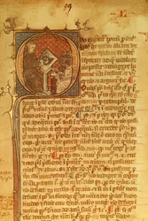 Detalj av et dekorativt brev i et manuskript fra 1300-tallet. Duns Scotus foreleser studentene sine