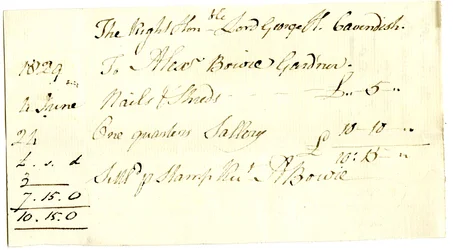 Devonshire MSS AS 3101, folio fra en bunt med sedler oppgjort av Pinder Simpson for Lord George Cavendish, inkludert Alexander Bowies regning