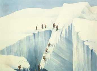 Vanskelig passering av en sprekk, fra A Narrative of an Ascent to the Summit of Mont Blanc av Charles Fellows (1799-1860), utgitt 1827