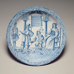 Fat med dronning Catherine sittende med en sko montert av en knelende Cavalier, 1677 (tinnglasert lertøy)