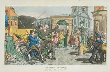 Doctor Syntax ranet i St. Giless, fra The Tour of Doctor Syntax gjennom London, eller The Pleasures and Miseries of the Metropolis. Et dikt, utgitt 1820 (akvatint)