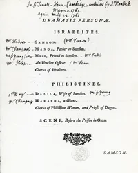 Dramatis Personae for Samson, et oratorium av Handel, utgitt i 1759