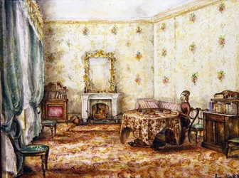 Stueinteriør i et landsted, ca. 1848 (akvarell på papir)