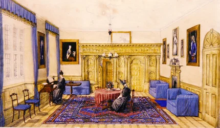 Stueinteriør i et landsted, ca. 1830 (akvarell på papir)