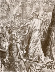 Druider som oppfordrer britene til å motsette seg romernes landgang, illustrasjon fra Cassells Illustrated History of England (sepia-bilde)