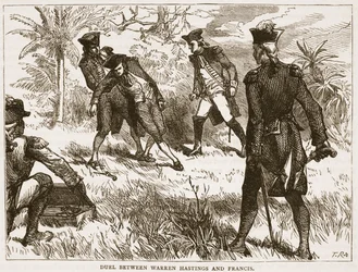 Duell mellom Warren Hastings og Francis, illustrasjon fra Cassells Illustrated History of India av James Grant, pub. 1879