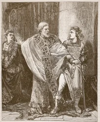 Dunstan drar Edwy fra nærværet til Elgiva, illustrasjon fra Cassells Illustrated History of England (sepiafoto)