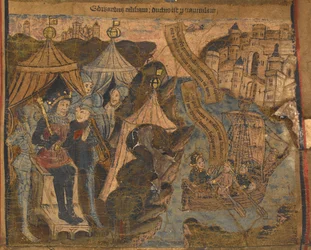 Edward av York satte sammen med jarlene fra Salisbury og Warwick seil til Calais, etter slaget ved Ludford Bridge. Kong Henry VI ser på triumf, illustrasjon fra 'Typological Life and Genealogy of Edward IV', ca. 1460-70 (vellum)