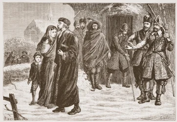 Å kaste ut en ungarsk protestantisk pastor om vinteren, illustrasjon fra The History of Protestantism av James Aitken Wylie (1808-1890), pub. 1878
