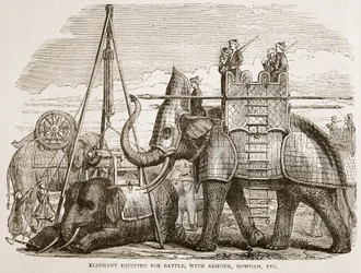 Elefant utstyrt for kamp, med rustning, howdah, etc., illustrasjon fra Cassells Illustrated History of India av James Grant, pub. 1879