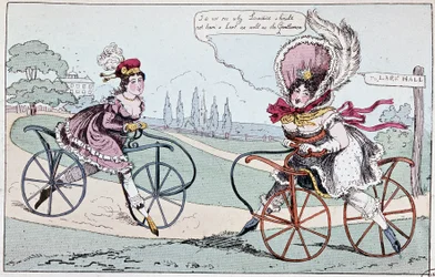 Engelsk tegneserie om hobbyhester i 1819 (første sykler) - i "" Teoretisk og praktisk sykling"" av Baudry de Saulnier