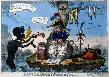 Engelsk tegneserie som viser keiser Napoleon I i eksil på Elba-øya: Sittende på sin nye trone i form av en kammerpotte gir en demon ham en pistol hvis han har mot til å bruke den. mai 1814.