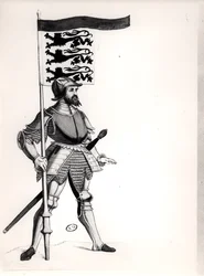 Engelsk soldat som holder en standard med de tre løvene i England