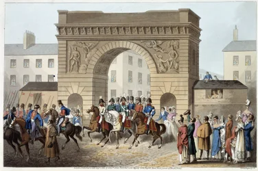 Engelskmenn og allierte kom inn i Paris i «Historiske, militære og marine anekdoter og hendelser som ankom Storbritannias og deres alliertes armer, og endte i Waterloo» av Edward Orme. Illustrasjoner av Fry, Sutherland, Clark, Dubourg, W. Heart, JA, Atkins