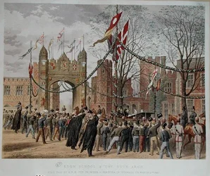 Eton skole og guttebuen. Besøk betalt av H.R.H. prinsesse Alexandra (1844-1925) av Danmark, 9. mars 1863 (farget gravering)