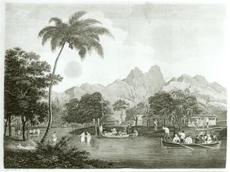 Europeiske misjonærer i en Tahitilandsby, fra A Missionary Voyage to the Southern Pacific Ocean Performed in the Years 1796-98 in the Ship Duff, publisert 1799