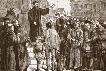 Farel forkynner på markedsplassen til Neuchatel, illustrasjon fra The History of Protestantism av James Aitken Wylie (1808-1890), pub. 1878