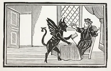 Faustus advart av Ånden om å forvente hans slutt, illustrasjon fra Chap-books of the Eighteenth Century av John Ashton, pub. 1882