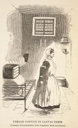 Kvinnelig domfelt i lerretskjole (under straff for å ha revet klærne hennes), illustrasjon fra The Criminal Prisons of London og Scenes from Prison Life av Henry Mayhew og John Binny, pub. 1862 (eng