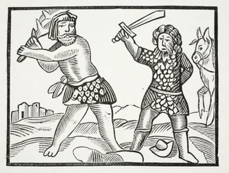 Ferragus reiser en mektig hær og beleirer byen Acquitain, illustrasjon fra Chap-books of the Eighteenth Century av John Ashton, pub. 1882