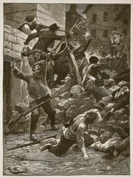 Kamper ved barrikadene i Paris, illustrasjon fra Cassells Illustrated History of England (sepia-bilde)