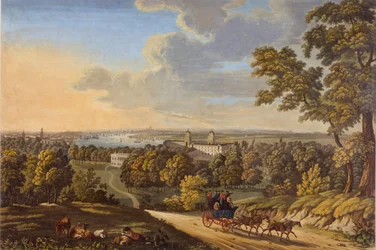 Flamstead Hill, Greenwich: Stagecoach på vei sørover ca. 181020 (wc på papir)