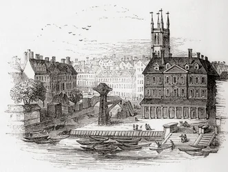 Fleet Ditch, London, England i 1749 på punktet der den løp inn i Themsen ved Bridewell, fra Old England: A Pictorial Museum, pub. 1847