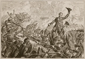 Fletchers forsvar av redutten ved Tanjore, illustrasjon fra Cassells Illustrated History of India av James Grant, pub. 1879