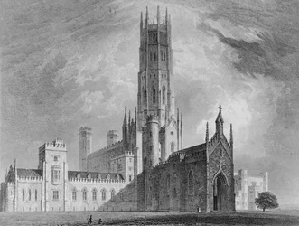 Fonthill Abbey fra nordvest, fra grafiske og litterære illustrasjoner av Fonthill Abbey av John Britton, 1823