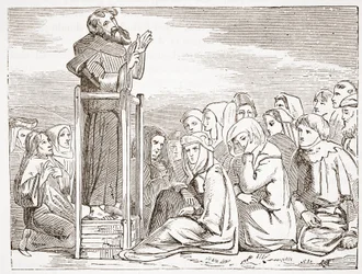 Friar som forkynner fra en bevegelig prekestol, illustrasjon fra The History of Protestantism av James Aitken Wylie (1808-1890), pub. 1878