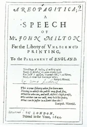 Frontispice av Areopagitica, en tale fra John Milton (1608-74) pub. i 1644