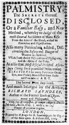 Frontispice to Palmistry, the Secrets of It Disclosed av Richard Saunders, 1664