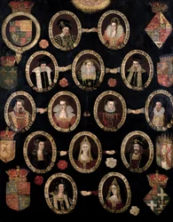 Slektstavle som følger Tudor-røttene til Maria Stuart, dronning av Skottland (1542-87), og hennes sønn Jakob VI av Skottland og I av England (1566-1625), ca. 1603