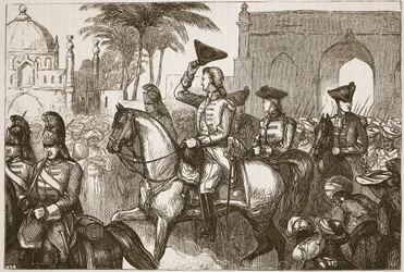 General Goddard kommer inn i Surat, illustrasjon fra Cassells Illustrated History of India av James Grant, pub. 1879