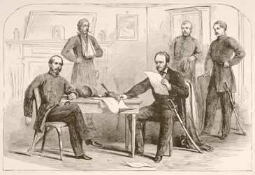 General Joseph Eggleston Johnston overgir hæren til Tennessee til general William Tecumseh Sherman (litho)