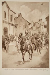 General Sir Pertab Singh ledet Jodhpur Lancers gjennom en fransk landsby, 1914-19