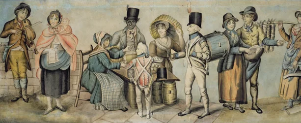 Going to the Fair, detalj av musikalsk familieakt og epleselger, ca. 1815 (wc og gouache på papir) (se også 107508 og 107509)