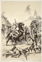 Gull-eskorte angrepet av Bush Rangers, fra The History of Australasia av David Blair, McGrady, Thomson og Niven, 1879
