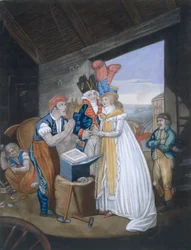 Gretna Green, eller det rødglødende ekteskapet, pub. Av Aurrie & Whittle, 1794 88:Oh! Mr Blacksmith, lind på smertene våre - og bind oss fast i Wedlocks Chains 99:female; tradisjonelle kostymer; tra