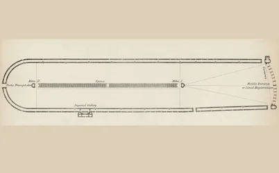 Grunnplan av et typisk romersk sirkus, fra The National Encyclopaedia, utgitt av William Mackenzie, London, sent på 1800-tallet