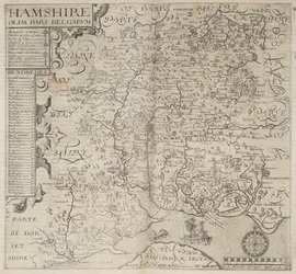 Hampshire, tidligere en del av belgierne. J. Norden beskrevet W. Hole sculp., fra Camdens "Britannia." 6. utgave. fol. 187 (gravering)