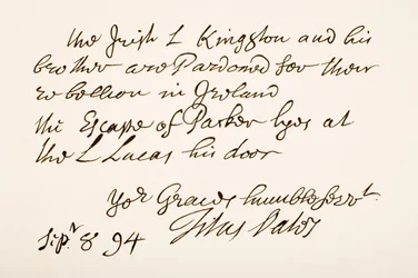 Håndskrift og signatur av Titus Oates, 1694