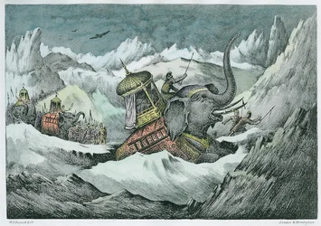 Hannibal (247-c.183 f.Kr.) og hans krigselefanter som krysser Alpene (senere fargelegging)