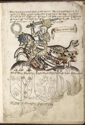 Harley 2169 f. 3 Henry VI til hest, våpenskjold i Henry VIs tid (vellum)