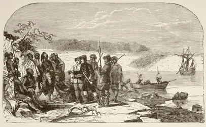 Henry Hudson tilbyr brennevin til indianerne i 1609 (litho)