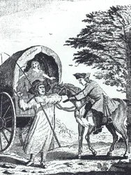 Highwayman John Cottington raner en hærlønnsvogn på Shotover Hill (gravering)