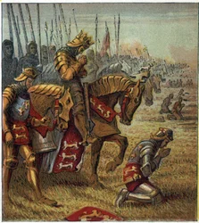 Hundreårskrig: "" Slaget ved Azincourt den 25.10.1415"". Kong Henrik V (1387-1422) ba før han konfronterte de franske troppene. Slaget ved Agincourt: Kong Henry den femte ber om seier før slaget.