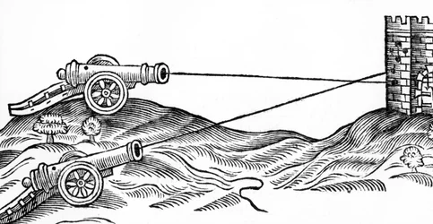 Illustrasjon av Cannon Fire in The Art of Gunnery av Thomas Smith (fl.1600-27), 1628