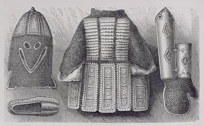 Indisk serie bestående av hjelm, tunika, hansker og sko fra Bhuj, fra The History of Mankind, Vol.III, av Prof. Friedrich Ratzel, 1898